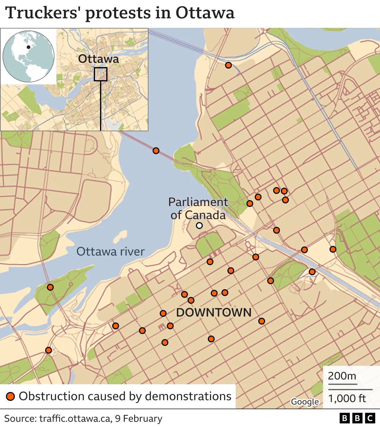 Map showing locations affected by truckers' protests in Ottawa, 9 February 2022