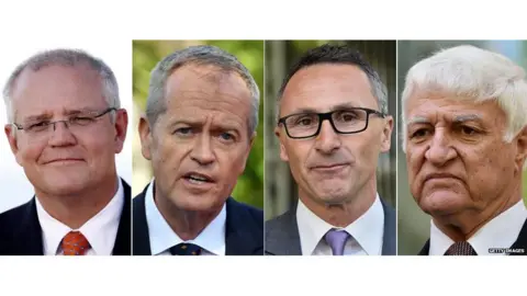 Getty Images (L-R) Scott Morrison, Bill Shorten, Richard Di Natale, Bob Katter