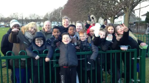 Youngsters gathered in Tremorfa to meet the couple