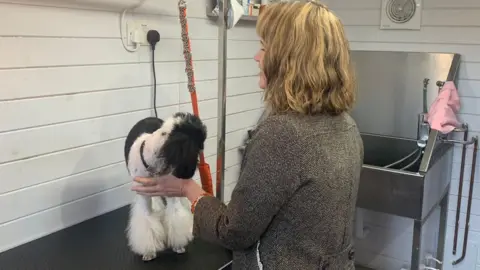 Abigail Wooding work room with her dog