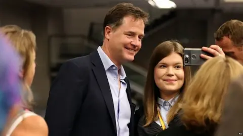 PA Nick Clegg with Lib Dem activists at a fringe event at party conference