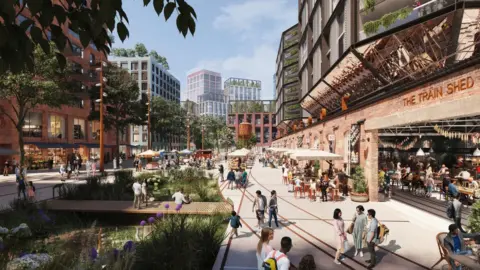 ECDC CGI of a new city square outside the repurposed Train Shed