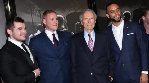 AFP/GETTY Alek Skarlatos, Anthony Sadler, Clint Eastwood and Spencer Stone at California premiere Feb 5