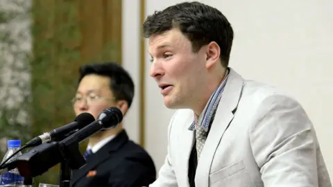 AFP US student Otto Frederick Warmbier speaks tearfully at a press conference in Pyongyang