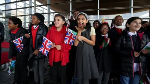 HUW EVANS PICTURE AGENCY/SENEDD CYMRU Pupils from Mount Stuart Primary School greeted the royal party