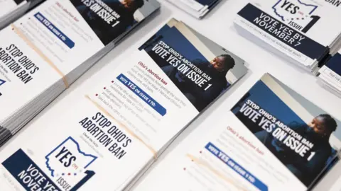 Getty Images Pamphlets distributed in Ohio ahead of the 2023 elections.