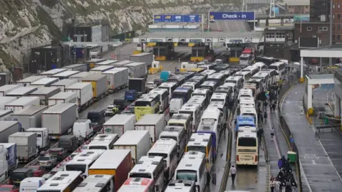 PA Media Traffic at the Port of Dover in Kent as the Easter getaway begins. Picture date: Friday March 31, 2023.