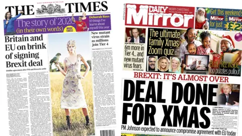 Times and Daily Mirror front pages for 24/12/20