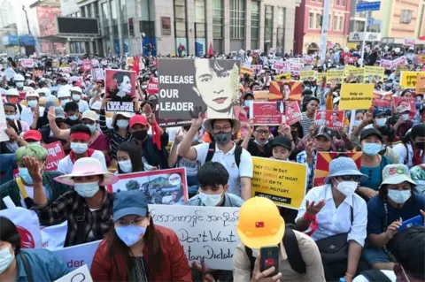 Reuters Demonstrators protest against the military coup in Yangon, Myanmar, February 17, 2021