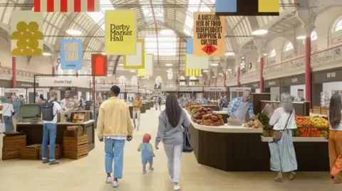 A CGI image inside the Derby Market Hall. People are milling about a variety of stalls. 