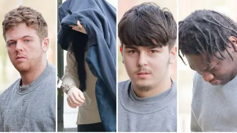 ATHENA Composite picture of four defendants in the Tristan Kerr murder trial at Merthyr Crown Court. Connor Palfrey, Elexi Manny, Georgie Mears and Ricardo Elliot all deny murder and the case continues.