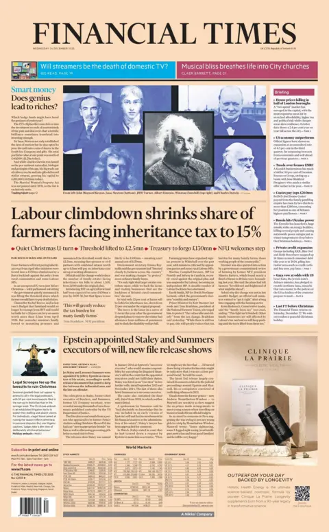 "Labour climbdown shrinks share of farmers facing inheritance tax to 15%" reads the headline on the front page of the Financial Times.