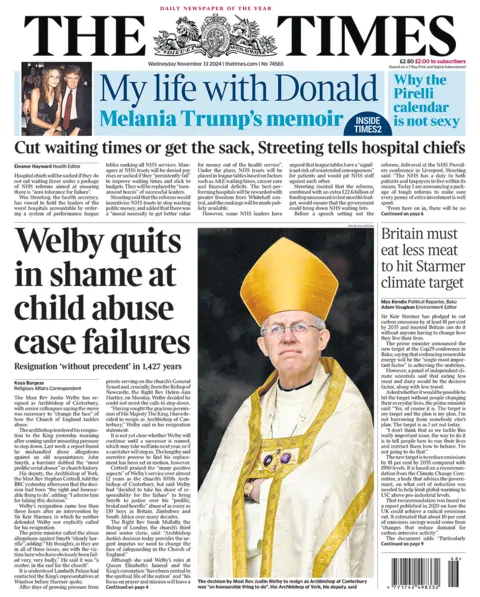 The headline in the Times reads: "Welby quits in shame at child abuse case failures". 