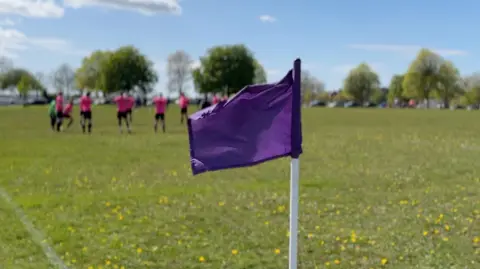 A photo of the pitch on a sunny day. A group of players can be seen out of focus in the background. A purple football flag is centre of the photo in focus.