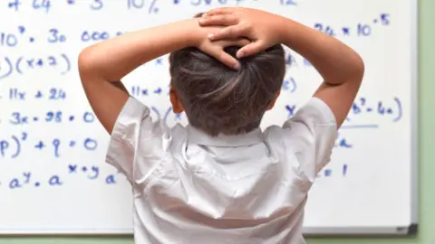 Shot of pupil with hands on head looking at a whiteboard with mathematical equations on it.