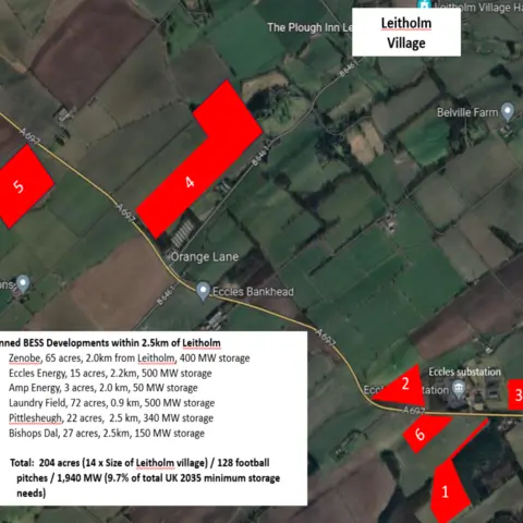 A map with shaded areas in the fields around the village of Leitholm where the battery storage facilities will be located