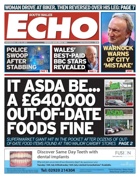 South Wales Echo Front page of South Wales Echo with headline about Asda out of date food fine. Other headlines include Police swoop after stabbing, Wales' best-paid BBC stars revealed and Warnock warns of city 'mistake'