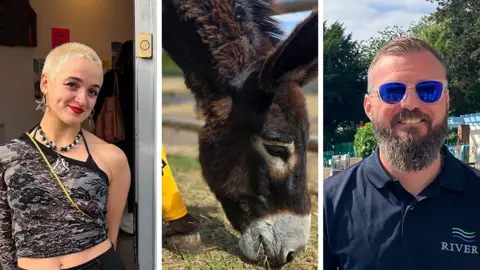Jess O'Riley who has close cropped blonde hair and is wearing a dark off-the-shoulder top is next to an image of a brown donkey grazing on some grass, with gold sports socks on, with a black wolf logo on it - next to an image of Seb Parker from Droitwich Spa Lido who is wearing a blue shirt and blue sunglasses