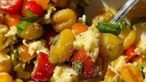 Crispy gnocchi Caprese salad in a bowl.