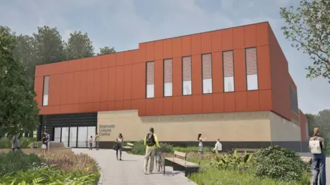 Bramcote Leisure Centre design showing a modern, rectangular building with light coloured lower brickwork and rust coloured upper cladding