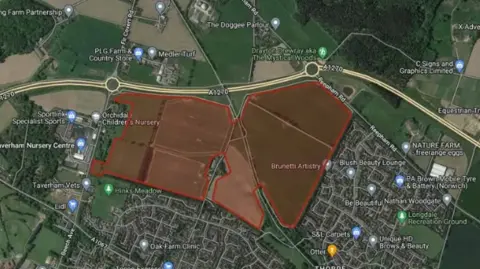 Google Maps A Google Maps aerial image with shaded areas in red over farm land and housing to the south
