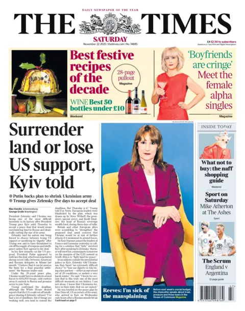 The headline on the front page of the Times reads: "Surrender land or lose US support, Kyiv told". 