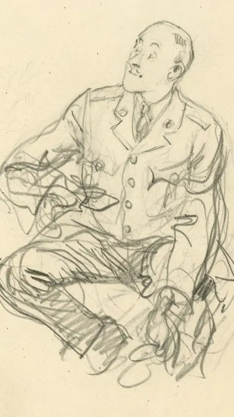 The Shepard Trust/University of Surrey Rough pencil self- portrait of the artist. He is sitting on something low and looking up to the left as if in cheerful conversation with someone we can't see.