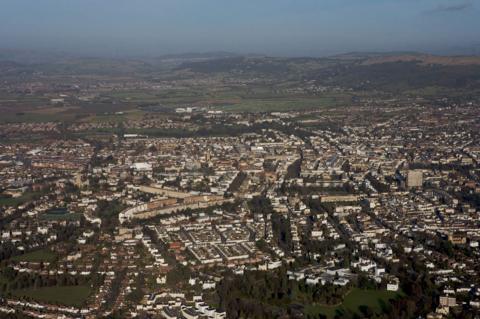 An aerial shot of Cheltenham in Gloucestershire