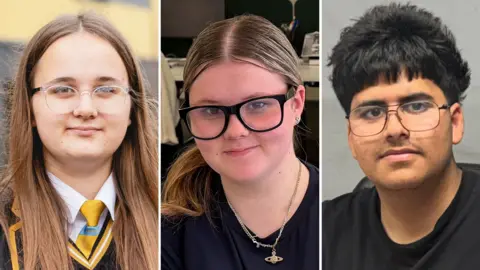 A three-person composite image shows head-and-shoulders shots of work experience students Kelsey, Maddison and Azhe 