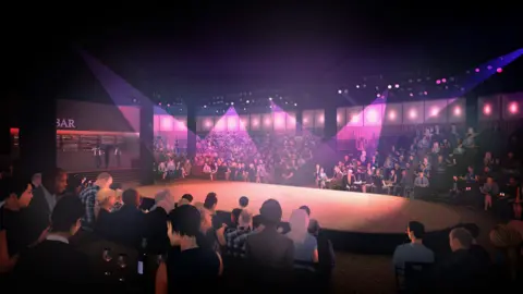 An artist's impression of the Capital Theatre - with filled seats around an oval stage with purple lines shining onto it.