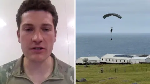 Captain George Lacey (left), and parachutist landing on the island (right)