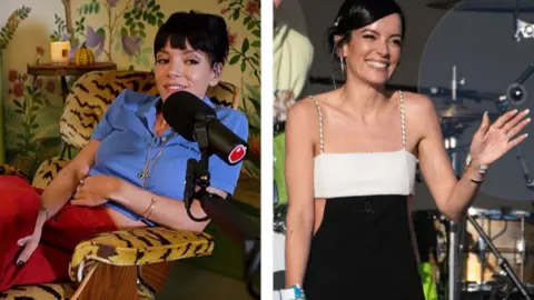 Splitscreen image of Lily Allen speaking in Miss Me podcast and performing at Glastonbury