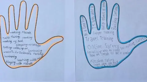 Jennifer Two handprints listed a number of activities including cooking, trvel training, swimming safety, kitchen safety and making friends