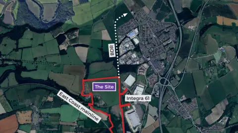 Citrus A white line on a map, marked as BDR, shows the Bowburn Development Route alongside the west end of Bowburn, next to some housing estates. The Integra 61 phase 2 site is marked in red. It is opposite the proposed route, further down from it.
