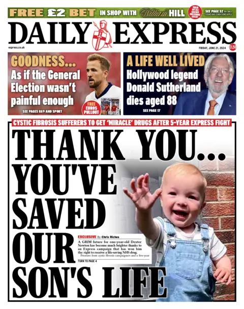 The headline on the front page of the Daily Express reads: “Thank you... you've saved our son's life"