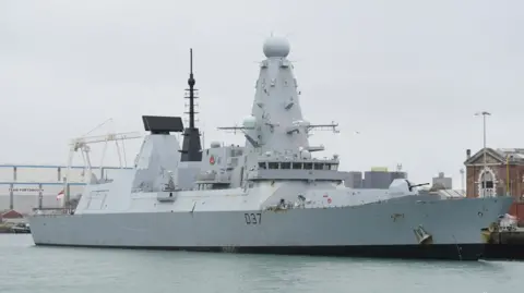 View of the Royal Navy Type 45 destroyer HMS Duncan alongside at HMNB Portsmouth.