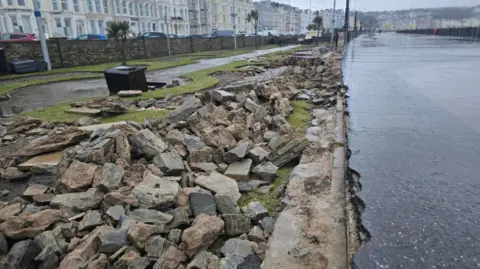 The wall of the gardens lies on the ground. Several stones and rocks which made up the wall have been flattened.