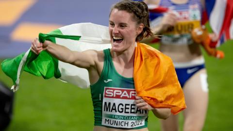 Ciara Mageean celebrates after winning 1500m silver at the last European Championships in Munich