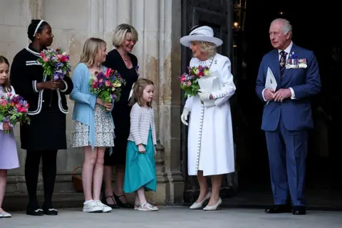Phil Noble/REUTERS Britain's King Charles and Queen Camilla leave Westminster Abbey after attending the Service of Thanksgiving as part of commemorations for the 80th anniversary of Victory in Europe (VE) Day, in London, Britain, May 8, 2025.