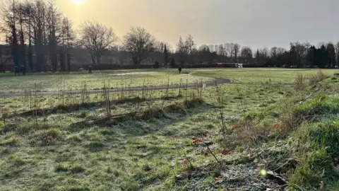 A frost-covered green field. There is a winding concrete path running through it and it is surrounded by tall trees.