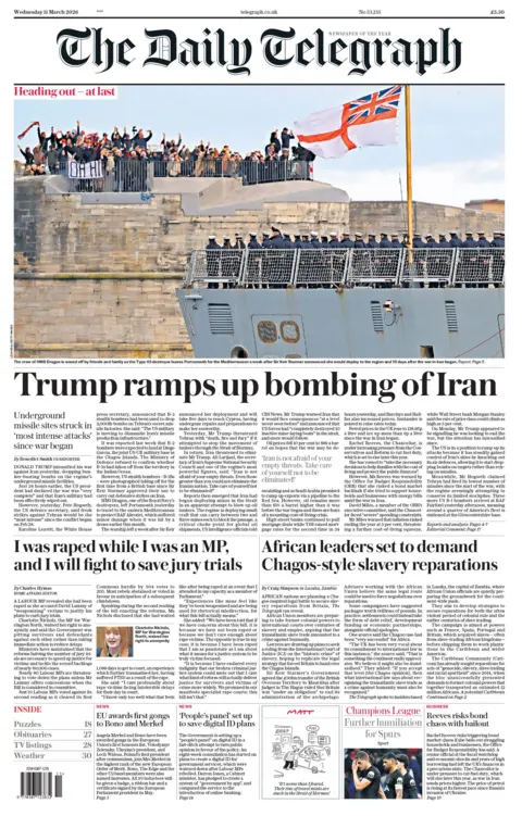 "Trump ramps up bombing of Iran," reads the headline on the front page of the Daily Telegraph.