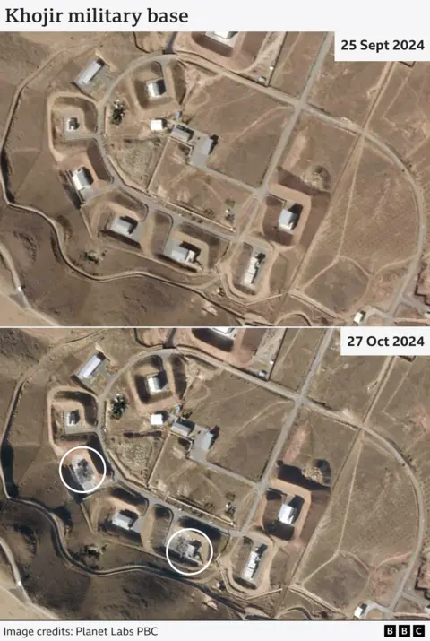 Imágenes de satélite que muestran daños en la base militar de Khojir 