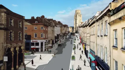 An artist's mock up of Park Street after the changes are made showing wider pavements and fewer vehicles