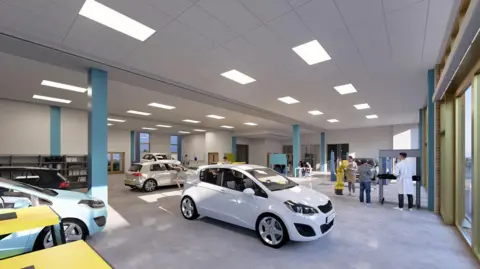 A large white room full of new cars and a few people standing around looking at them