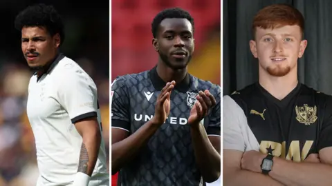 Split picture showing, from left to right, Onel Hernandez in action for Port Vale, Mo Faal clapping the Wrexham fans after a game wearing a dark gray away shirt, and Oliver Lynch with his arms folded and wearing a black and silver home club shirt.