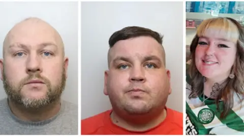 The image is arranged in three vertical panels, each showing a different person from the shoulders up. The first person, Daniel Galfsky, is wearing a light grey sweater against a plain, pale background. The second person, Jamie Galfsky, is dressed in a bright red top, also photographed in front of a simple light background. The third person, Molly Jo Stuart, has long, wavy brown hair and is seated indoors, wearing a green and white Celtic football shirt, with shelves and various items visible behind.