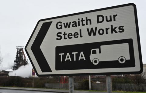 Road sign for Tata steel plant in Port Talbot, Wales 
