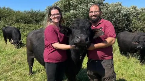 A man and a woman, both wearing burgundy polo neck t-shirts smile while hugging a large black buffalo in a field.