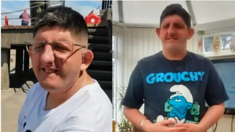 Maria Lynch Two photos of a man smiling at the camera. In one picture he is at a beach and in another he wears a T-shirt which says 'grouchy'