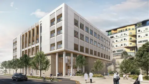 A computer generated image of a hospital building. 